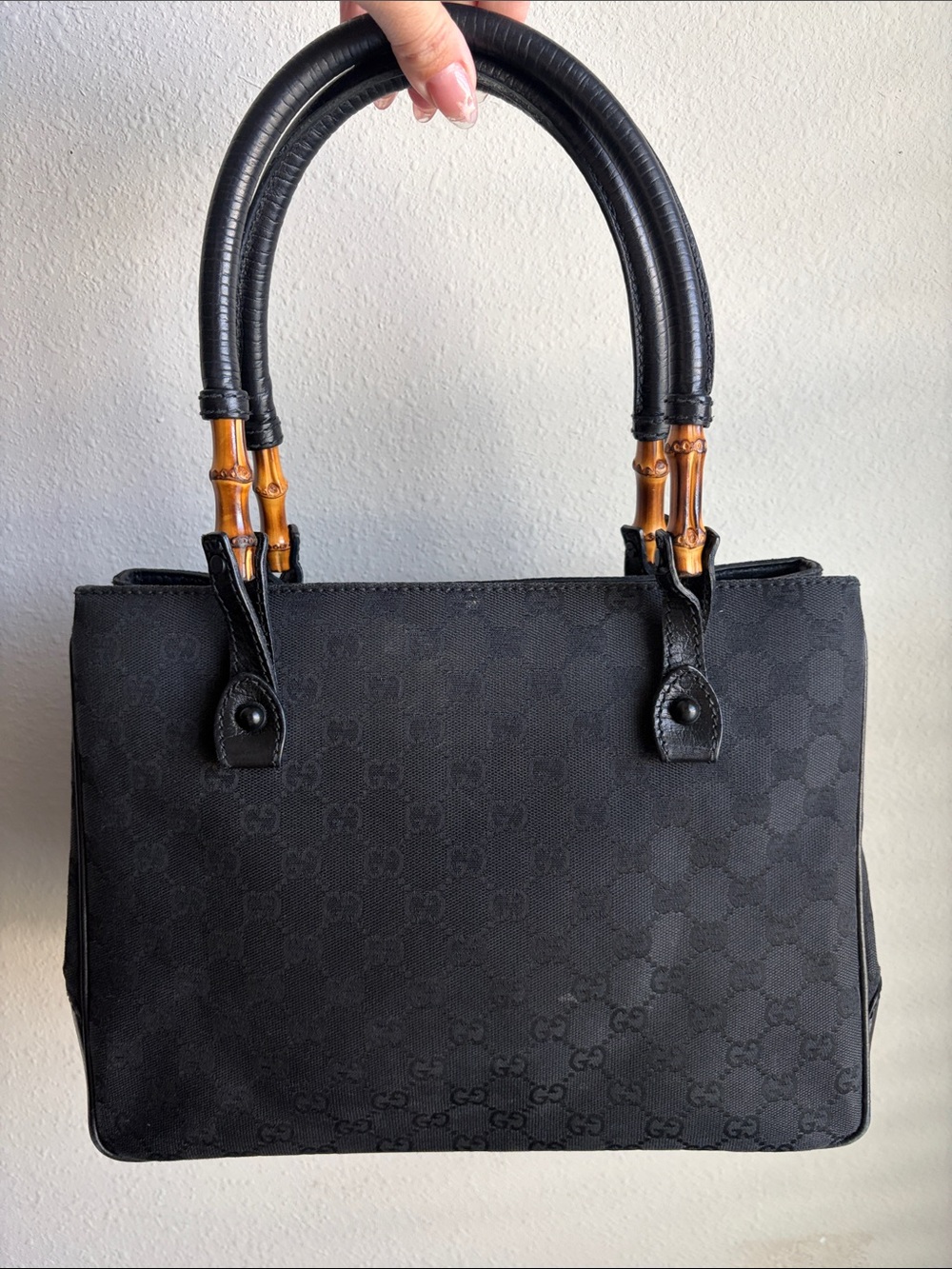GUCCI GG Canvas Bamboo Tote Bag Black 112526 Auth 213317